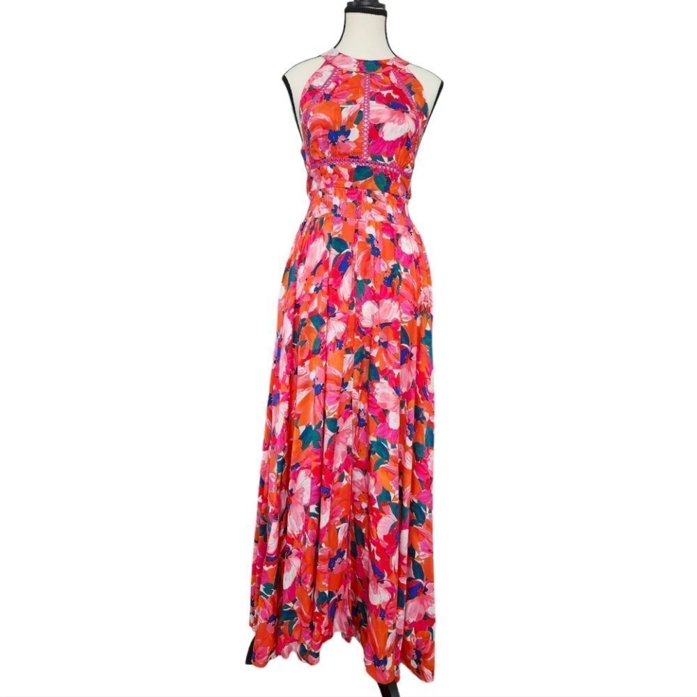 Anthropologie Abel The Label Halter Maxi Floral Crochet Pink Orange XS